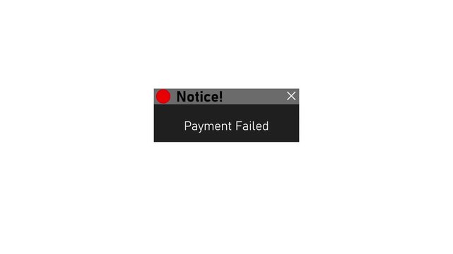 Payment failed alert notification pop-up window on white background, for e-commerce and, banking ui error