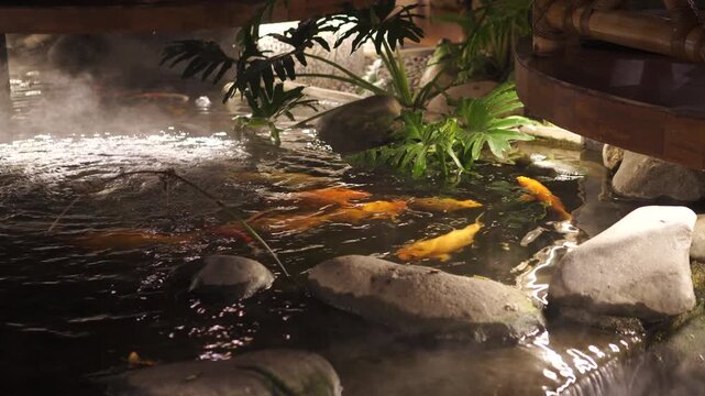 Ornamental koi fish swimming in a beautifully decorated pond beside a restaurant gazebo at night, illuminated by warm decorative lights and surrounded by rocks and gentle mist
