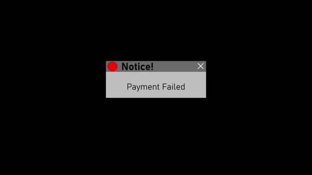 Payment failed error notification pop-up window on black background, for e-commerce and, digital transaction ui