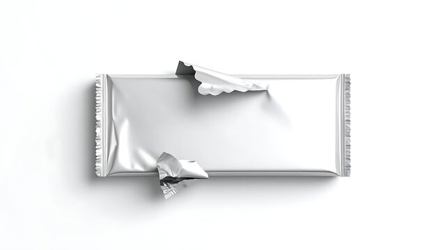 Isolated metallic silver snack bar wrapper with torn opening, empty foil packaging template for food branding mockup