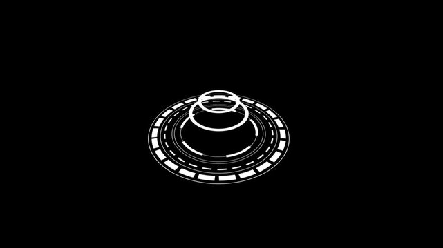 Futuristic circular H U D element with rotating concentric rings and digital interface,Minimalist design represents control, analysis, and futuristic technology.