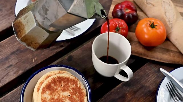 A stovetop moka pot pancakes fresh tomatoes and an enamel mug on a rustic outdoor wooden table at a forest cabin. A cozy al fresco breakfast scene of camping coffee farm to table food and slow