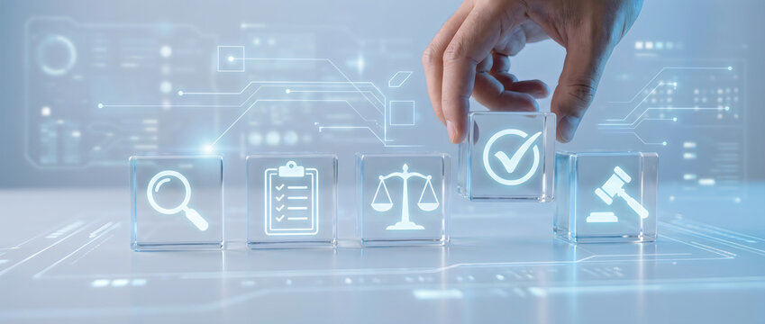 Hand placing approval block on digital compliance icons for regulatory audit and quality control verification