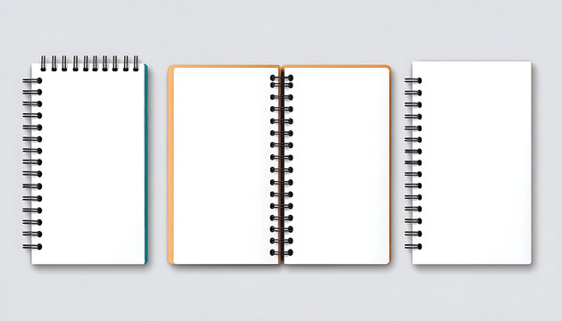 Isolated three spiral notebooks with blank white pages for writing, planning, stationery mockup
