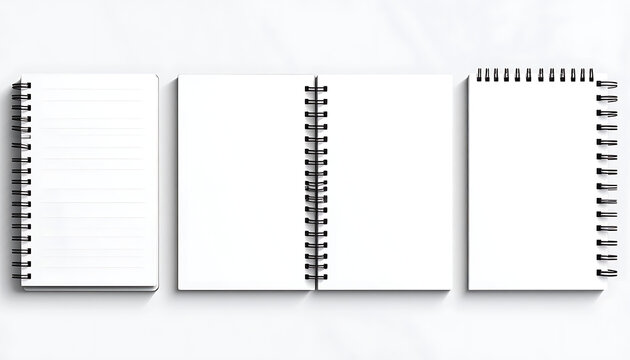 Isolated three spiral notebooks with lined and blank pages, open and closed, for study notes, school planning, business stationery, mockup template