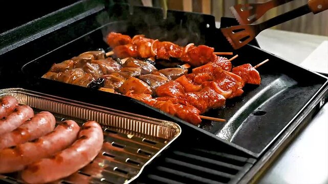 A spatula turning assorted marinated meat skewers beside sausages on an outdoor gas barbecue at a forest cabin. Steam rises from the sizzling meat in a summer cookout scene of al fresco grilling in