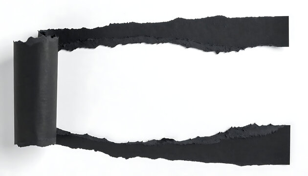 Isolated torn black paper strip with ripped edges and empty middle section for copy space