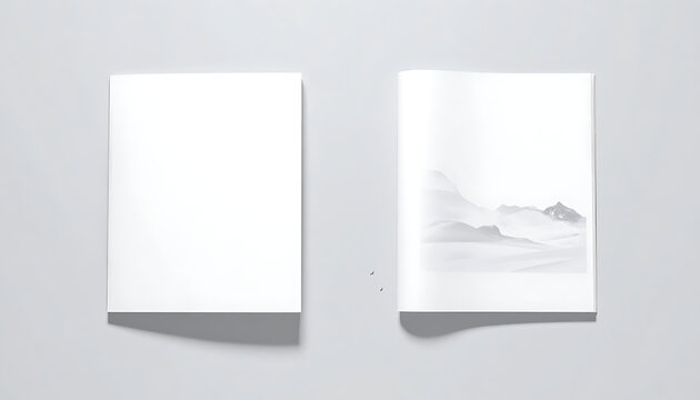 Isolated top view of open and closed blank magazine covers for print branding mockup, clean paper texture
