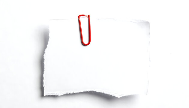 Isolated torn paper sheet attached with red paperclip, empty space for notes, reminder element