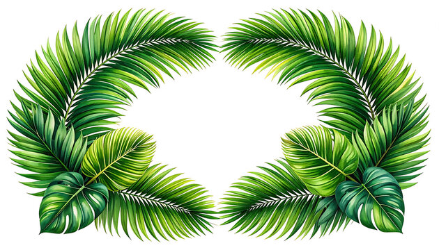Isolated tropical palm leaf wreath frame with lush green foliage, botanical border element for summer wedding invitations