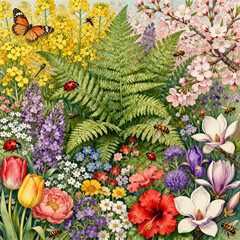 Fototapeta premium Vintage Realistic Botanical Illustration of Lush Spring Wildflower Garden With Insects
