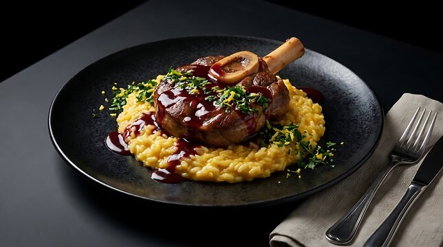 Roasted lamb shank with red wine sauce and creamy polenta on a black plate. veal osso bucco
