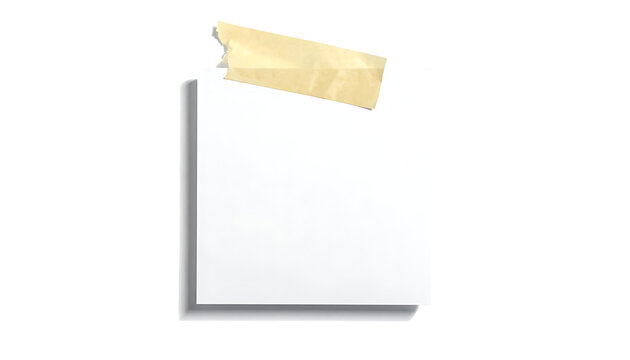Isolated square paper note with beige masking tape, sticky memo, document reminder, blank scrap, adhesive strip, mockup element