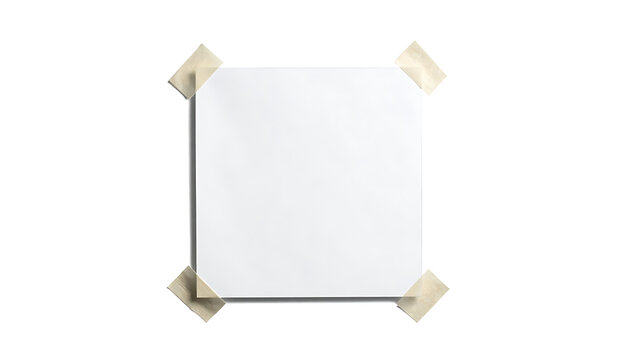 Isolated square paper sheet attached with adhesive tape, blank memo placeholder for notes or messages, mockup element