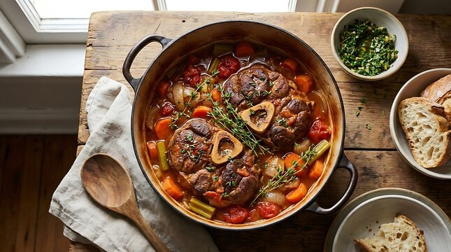 Delicious beef osso buco stew with vegetables and herbs in a large cooking pot on wooden table. veal osso bucco