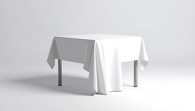 Isolated square table covered with a clean white tablecloth, perfect for product display and furniture staging
