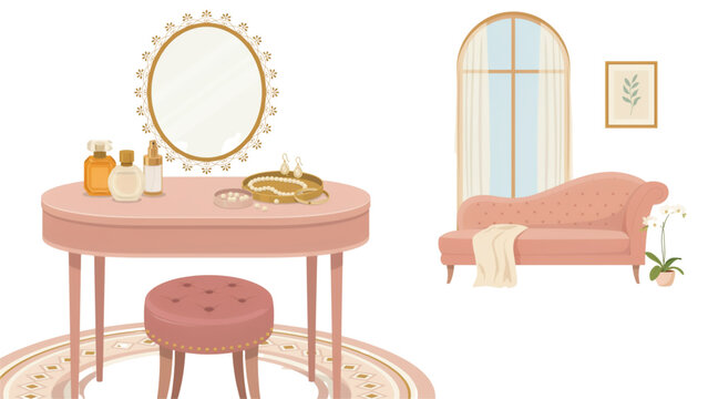 Minimalist vanity area with mirror and makeup table in cozy bedroom Vector