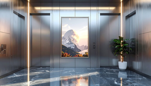 Modern elevator lobby with metallic walls and a framed window display of snowy mountain landscape
