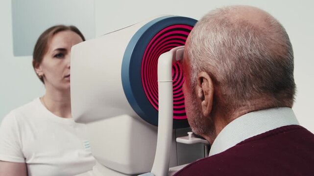 Elderly male patient undergoing visual field test in modern ophthalmology clinic, with technician assisting and advanced equipment in a bright, clean environment