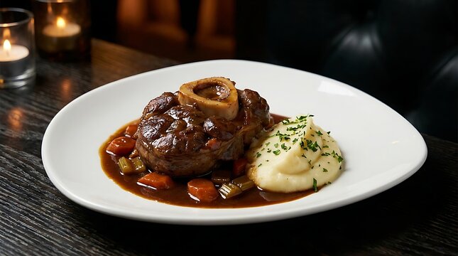 Delicious osso buco veal shank served with creamy mashed potatoes on a plate in a restaurant. veal osso bucco