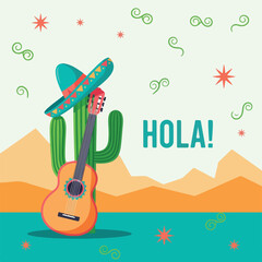 Mexican Fiesta Greeting Card. Cactus and Guitar Illustration. Sombrero Flat Design. Hola Poster. © khafid