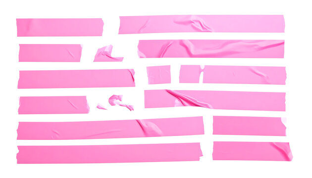 Isolated strips of pink adhesive tape with crinkled texture, wrinkled surface, messy paper craft stationery elements