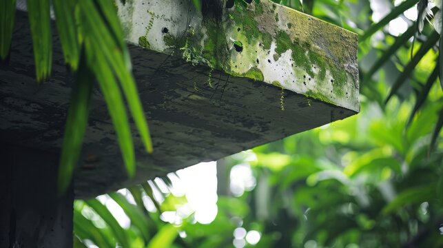 Concrete slab juts into jungle with moss and moisture Canon EOS R5 35mm f56 raw style
