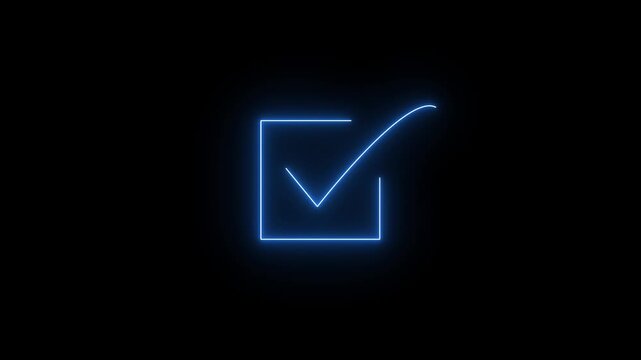 Neon check mark animation with glowing line icon on dark background. Check tick symbol shows approval, success, confirmation, and correct status. Tick mark icon animation.
