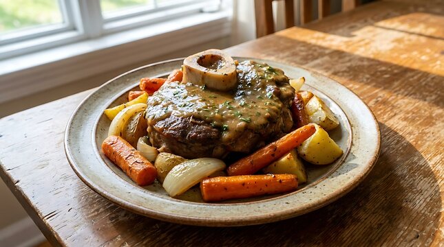 Roasted beef steak with bone marrow and fresh cooked vegetables on a plate. veal osso bucco