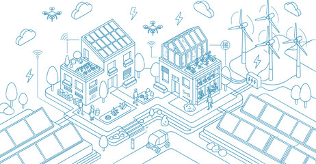 Smart eco friendly village isometric landscape with green energy solar panel wind turbine drone technology vector illustration © MdAnarulIslam