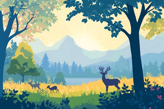 Serene forest landscape with deer and mountains