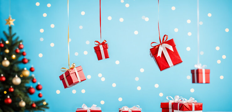 christmas tree with hanging red gift boxes