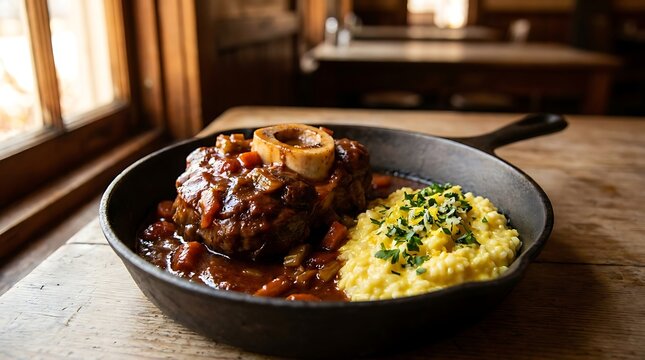Osso buco veal shank with creamy polenta served in a hot cast iron skillet on a wooden table. veal osso bucco