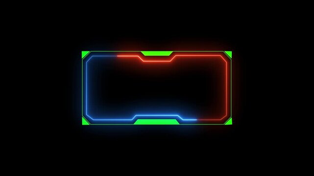 Futuristic neon frame overlay with glowing blue and red lights on black background for gaming. Futuristic hud frame, border, screen overlay.