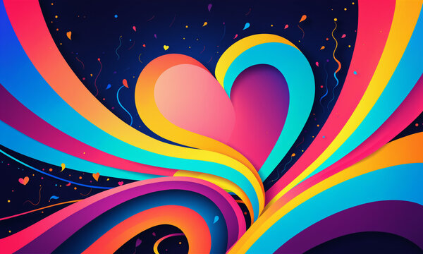 large heart formed by vibrant rainbow swirls on dark background with confetti elements
