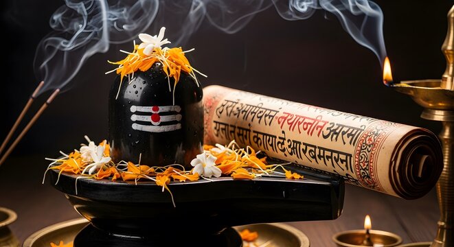 Sacred Shiva Lingam with flowers incense and Sanskrit scroll.