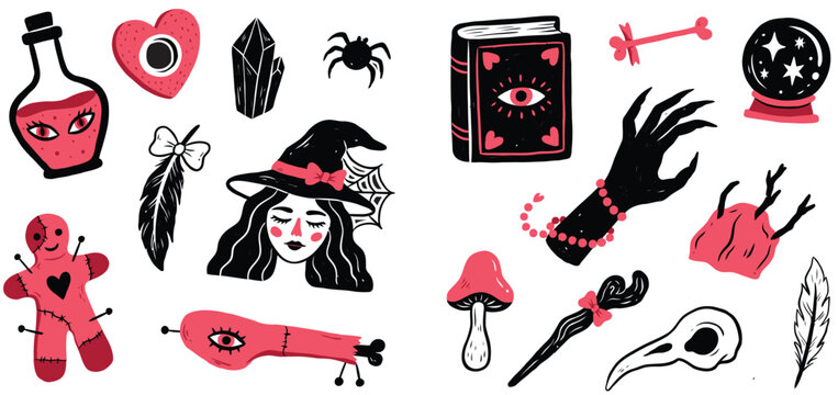 Collection of witchy and occult themed hand drawn in pink black and white