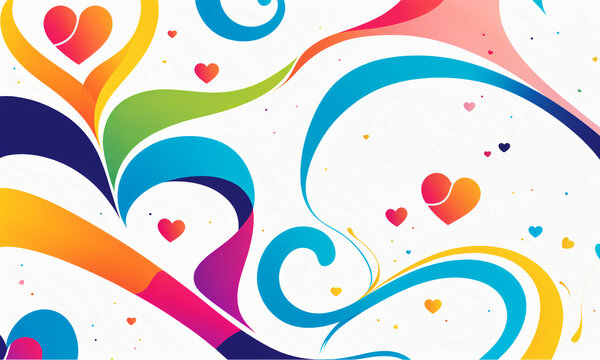 colorful swirls hearts and flowing ribbons in rainbow gradients on white with small accent dots in playful abstract composition