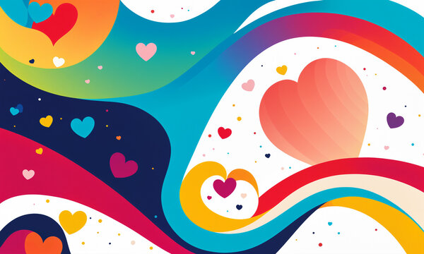 dynamic rainbow swirls and large hearts in vibrant gradients with small colorful hearts dots scattered across energetic composition