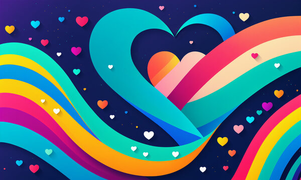 large intertwined hearts with colorful rainbow waves swirls small hearts and stars on dark blue night background