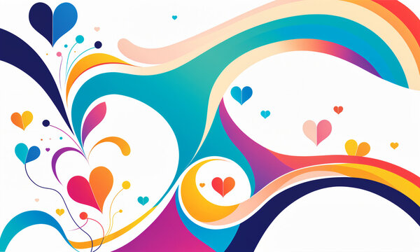 energetic colorful abstract waves swirls hearts and rainbow arcs with small hearts and dots in vibrant palette