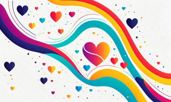 colorful dynamic waves swirls large hearts in rainbow gradients with small hearts and dots on bright background