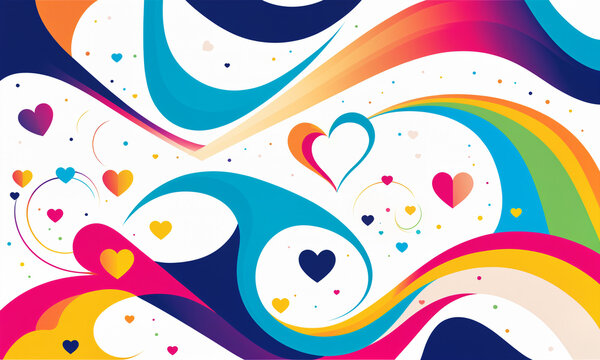white background with dense colorful swirls waves rainbows hearts and scattered dots in rainbow palette