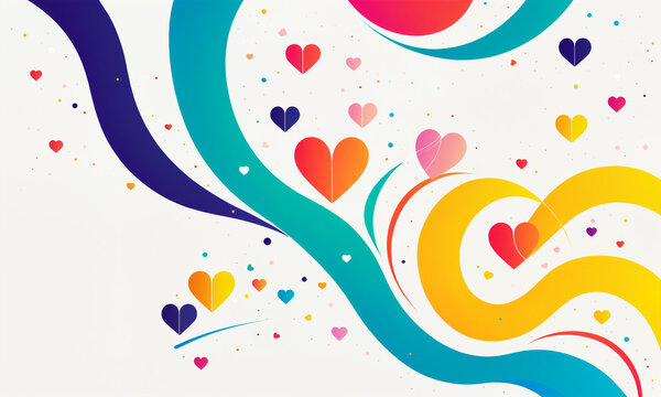 white background with colorful flowing waves swirls and multiple hearts in red orange yellow blue purple with dots