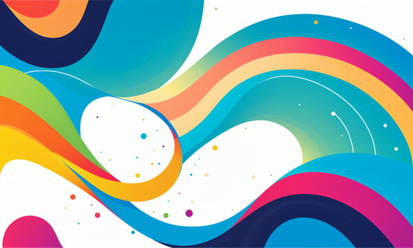 bright rainbow flowing curves waves and colorful shapes with white spaces and small dots in dynamic abstract layout