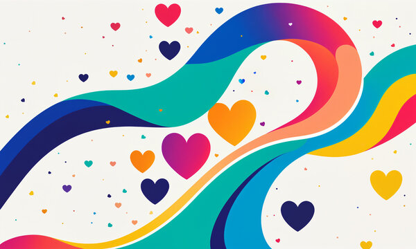 light background vibrant colorful waves curves and numerous hearts in various sizes colors with small dots accents