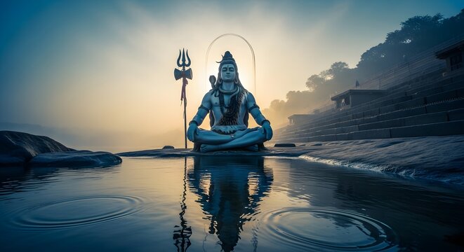 Serene Statue of Lord Shiva Meditating by a Calm Water Body at Sunrise.