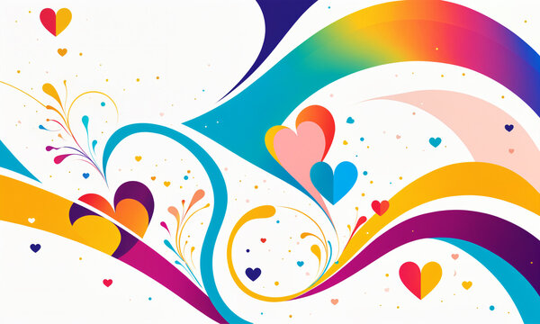 vibrant colorful abstract composition with flowing rainbow waves multiple hearts splashes and decorative swirls in dynamic curves