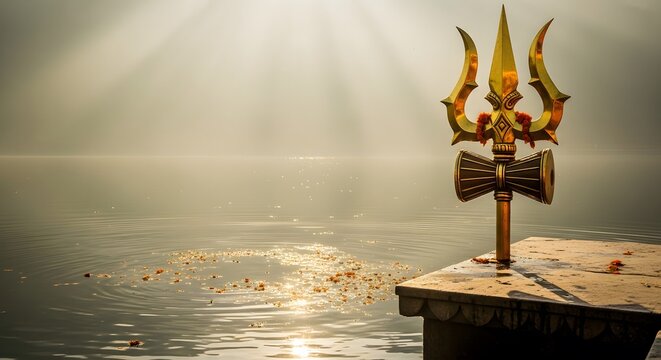 Golden Trishula trident with damaru drum by misty river at sunrise.