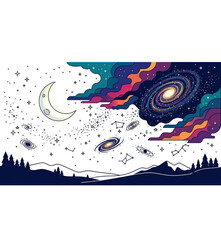 Obraz premium Cosmic Star Filled Night Sky with Moon and Constellations Vector Illustration